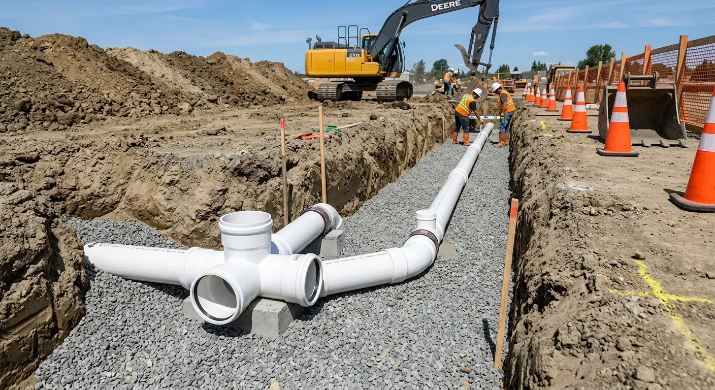 New PVC sewer pipe installation in open trench for Sewer Backup in Oakland